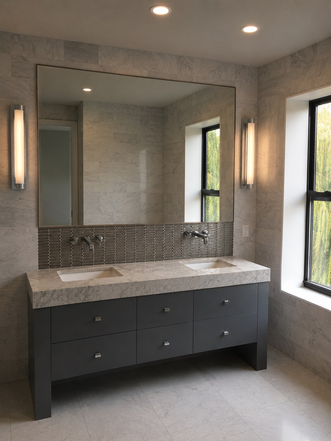 Marble double-vanity bathroom remodel with wall-mount faucets and picket tile backsplash — Manhattan renovation