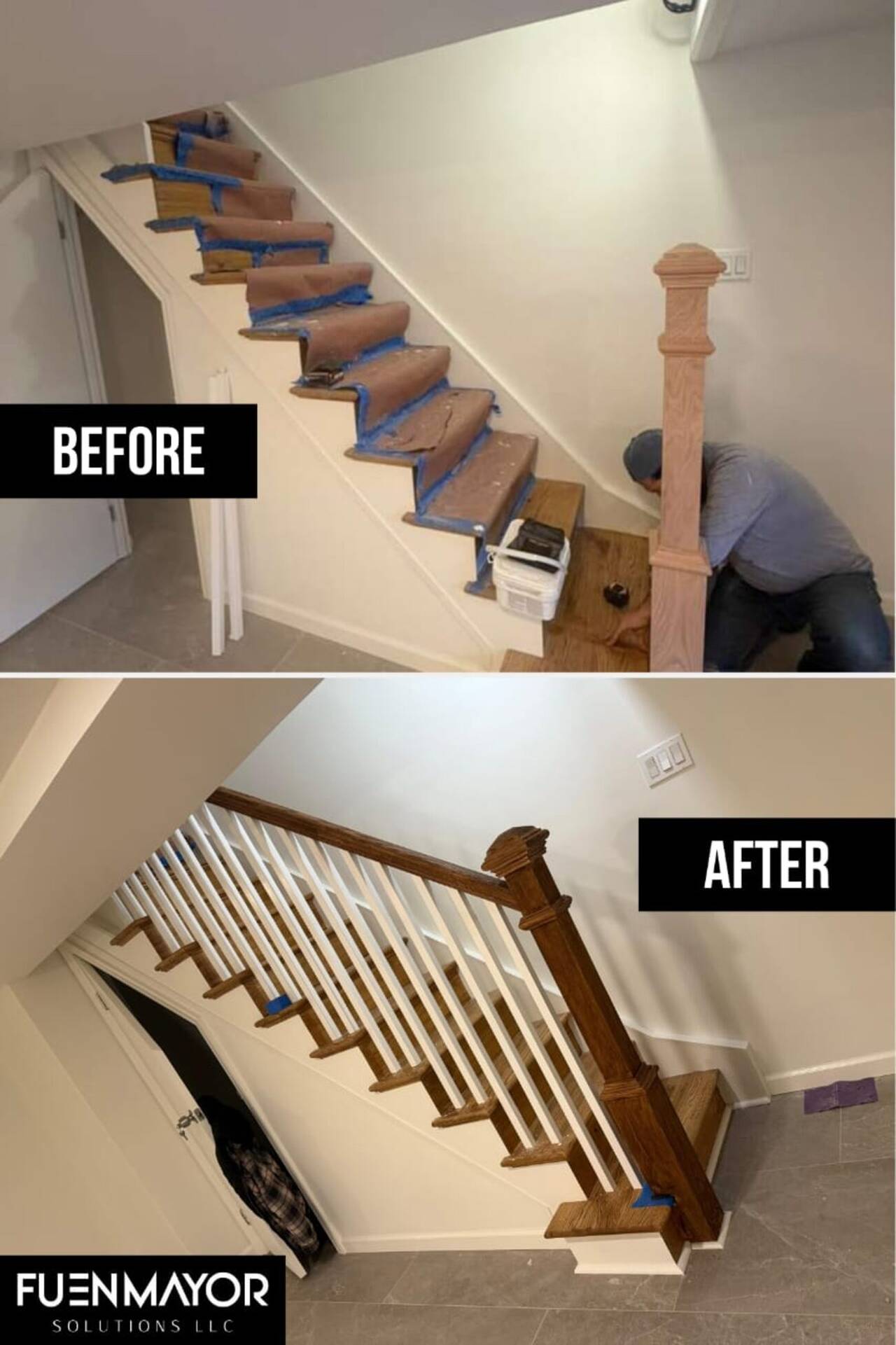 Before and after — staircase rebuild with new railing